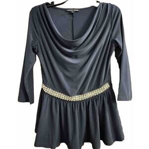 Boston Proper Blouse XS Navy Blue Peplum Top Rhinestones Travel Slinky Luxury